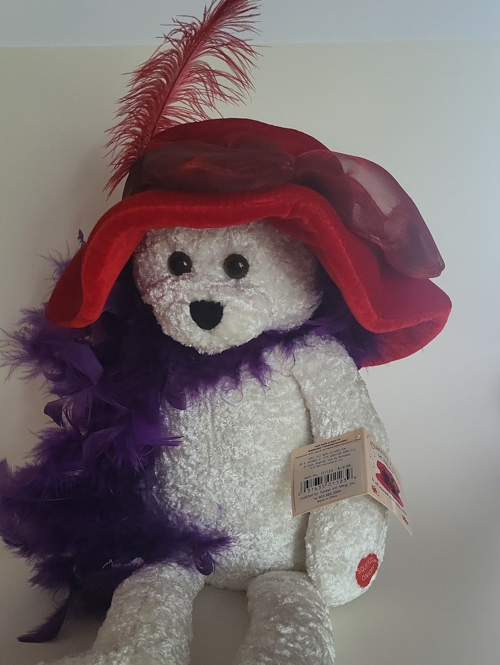 Vintage Chantilly Lane Singing White Bear Red Velvet Hat & Purple Feather Boa